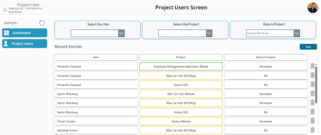 Project Users Screen